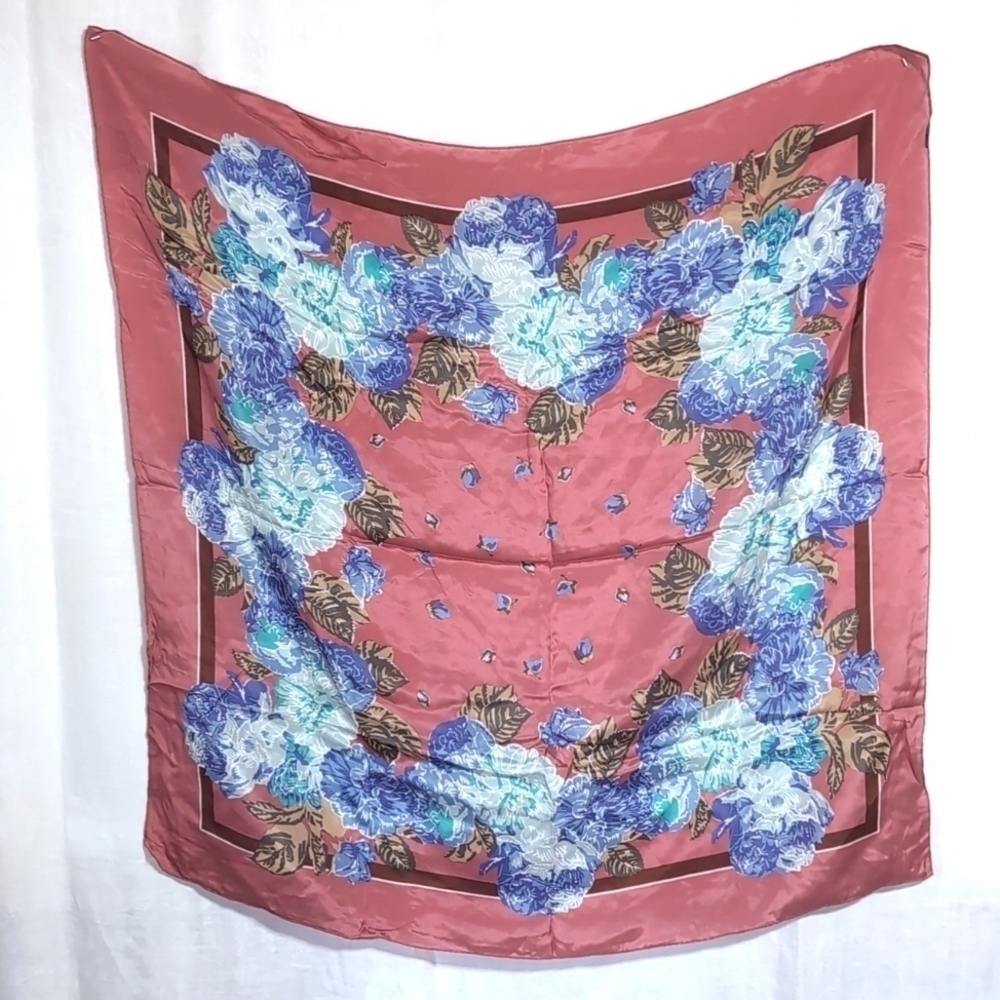 Vintage Mauve Floral Square Satin Scarf Handkerchief Hanky - Picture 2 of 2